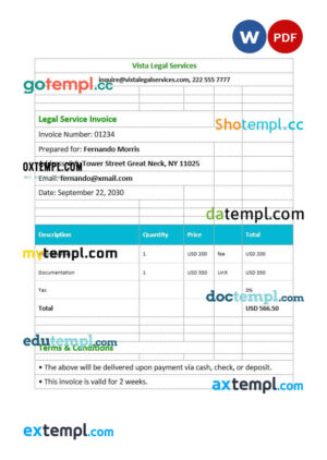sample Legal invoice template in word and pdf format download