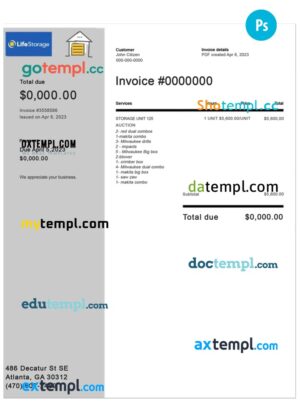 sample Life Storage invoice template in PSD format, fully editable download