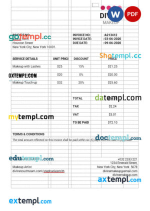 sample Makeup Artist Invoice template in word and pdf format download