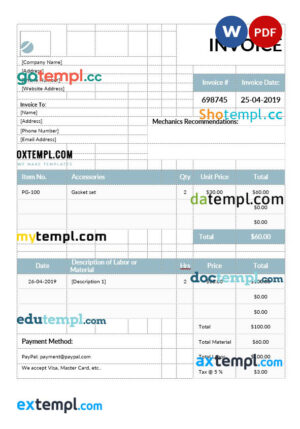 sample Mechanic Invoice template in word and pdf format download