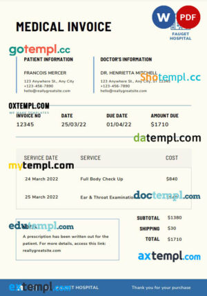 sample Medical invoice template in word and pdf format download