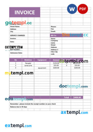 sample Medical Service Invoice template in word and pdf format download