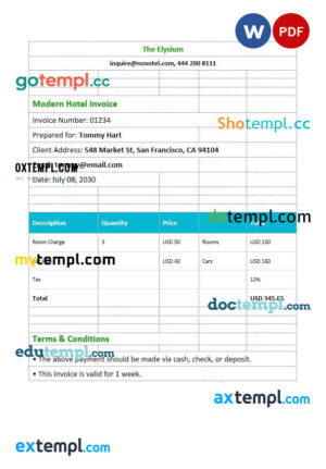 sample Modern Hotel Invoice template in word and pdf format download