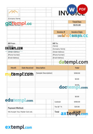 sample Monthly rent invoice template in word and pdf format download