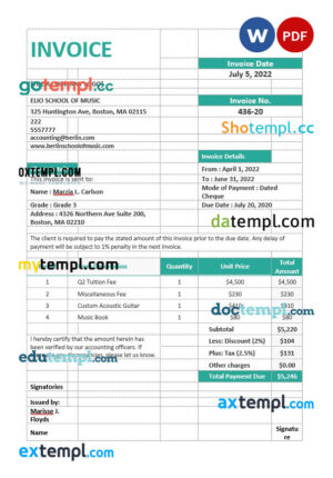 sample Music School Invoice template in word and pdf format download