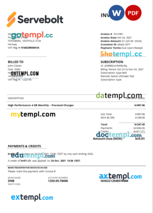 sample Norway Servebolt high performance hosting company invoice template in Word and PDF format, fully editable download