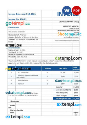 sample Nursing School Invoice template in word and pdf format download