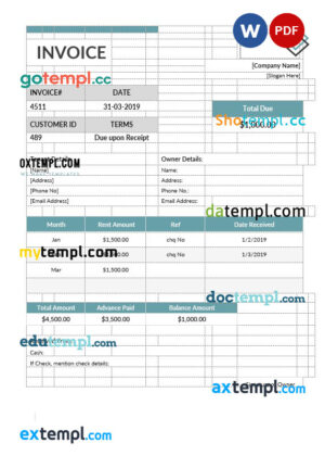sample Office Rent Invoice Format Template word and pdf format download