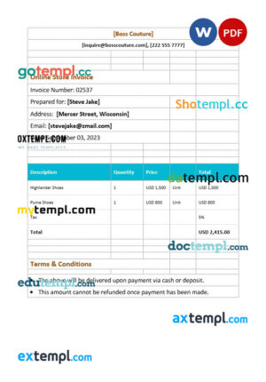 sample Online Store Invoice template in word and pdf format download