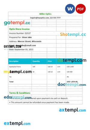sample Optical Store Invoice template in word and pdf format download