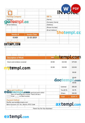 sample Painting Services Invoice template in word and pdf format download