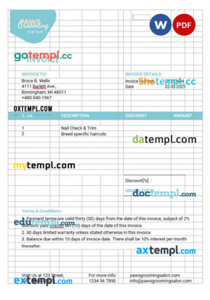 sample Pet Grooming Invoice template in word and pdf format download