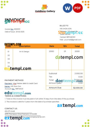 sample Photo Art Gallery Invoice template in word and pdf format download