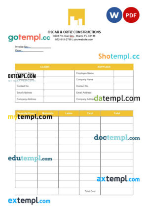 sample Printable Construction Invoice template in word and pdf format download