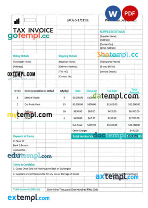 sample Printable Tax Invoice template in word and pdf format download