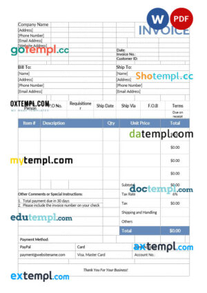 sample Product sales invoice template in word and pdf format download
