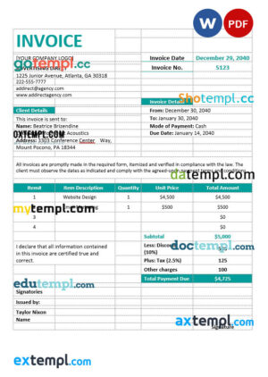 sample Professional Agency Invoice template in word and pdf format download