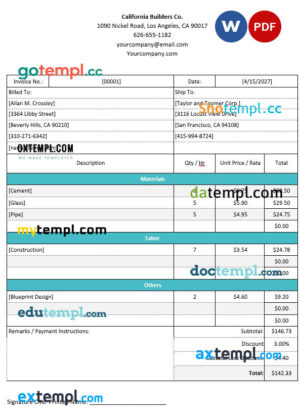 sample Professional Construction Invoice template in word and pdf format download