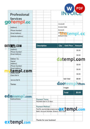 sample Professional services invoice template in word and pdf format download