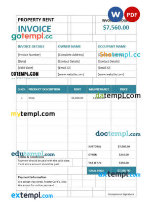 sample Property Rent Invoice template in word and pdf format download