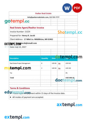 sample Real Estate AgentRealtor Invoice template in word and pdf format download