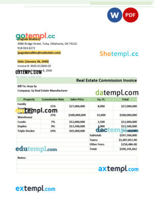sample Real Estate Commission Invoice template in word and pdf format download