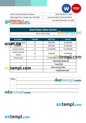 sample Real Estate Rental Invoice template in word and pdf format download