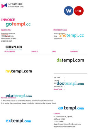 sample Recruitment Firm Invoice template in word and pdf format download