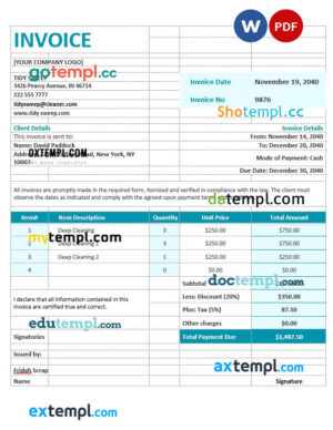 sample Residential Cleaning Invoice template in word and pdf format download