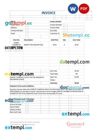 sample Restaurant Blank Invoice template in word and pdf format download