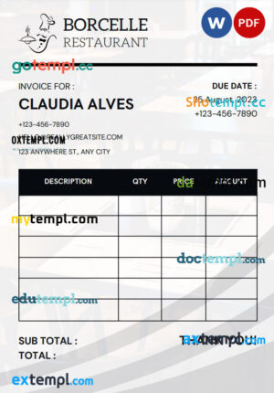 sample Restaurant Invoice template in word and pdf format download