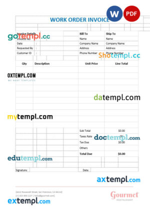 sample Restaurant Work Order Invoice template in word and pdf format download