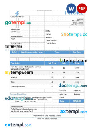 sample Roofing Estimate Invoice template in word and pdf format download