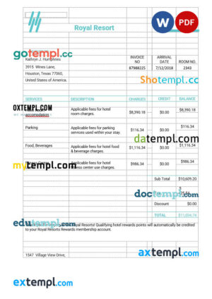 sample Royal Resort Invoice template in word and pdf format download