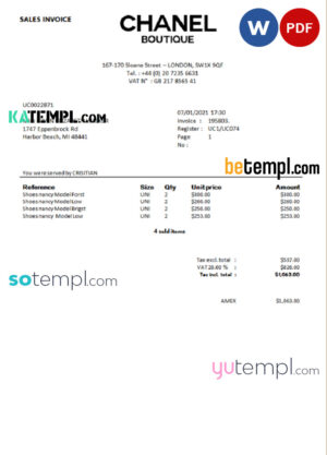 sample Sales Invoice Chanel Boutique template in Word format download