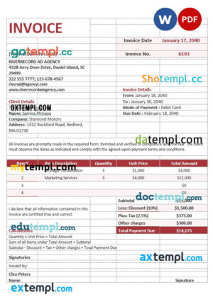 sample Sample Advertising Agency Invoice template in word and pdf format download