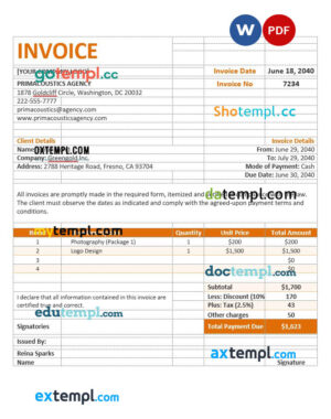 sample Sample Agency Invoice template in word and pdf format download