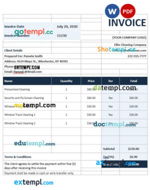 sample Sample Cleaning Service Invoice template in word and pdf format download