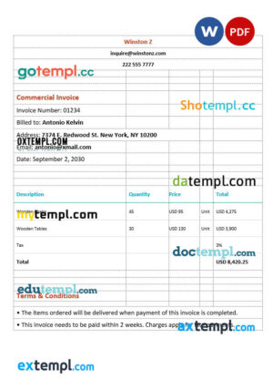 sample Sample Commercial Invoice template in word and pdf format download
