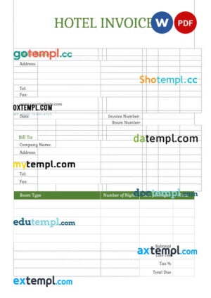 sample Hotel invoice template in word and pdf format download