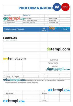 sample Proforma invoice template in word and pdf format download