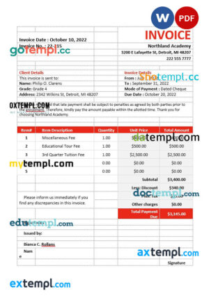 sample School Fees Invoice template in word and pdf format download