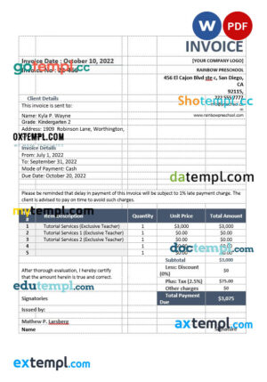 sample School Teacher Invoice template in word and pdf format download