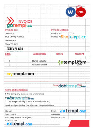 sample Security Guard Services Invoice template in word and pdf format download