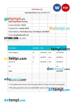 sample Self Employed Invoice template in word and pdf format download