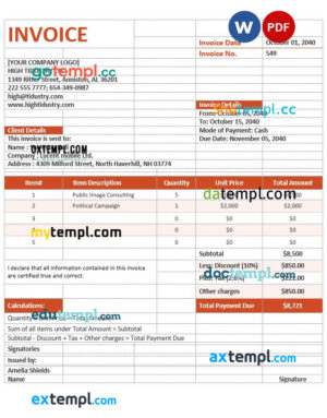 sample Simple Advertising Agency Invoice template in word and pdf format download