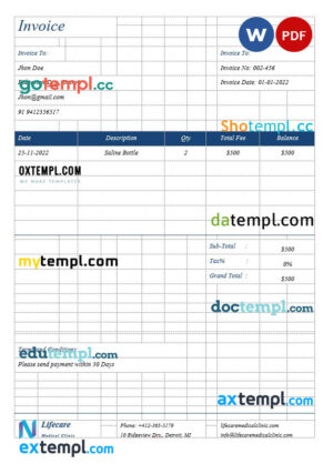 sample Simple Clinic Invoice template in word and pdf format download