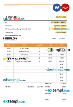 sample Simple IT Invoice template in word and pdf format download