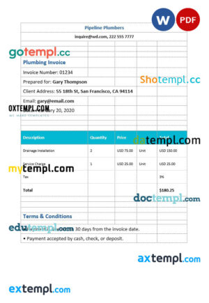 sample Plumbing Invoice template in word and pdf format download