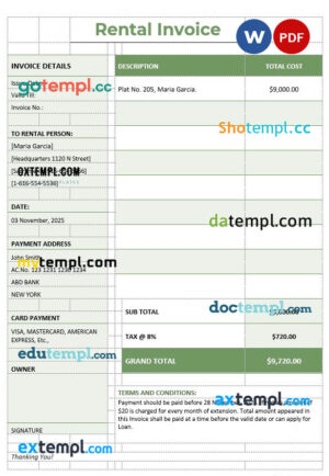 sample Rental invoice template in word and pdf format download
